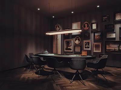 Dark Toned Club Lounge With Round Table Chairs Framed Art Walls And Herringbone Floor 3d model