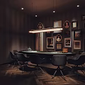 Dark Toned Club Lounge With Round Table Chairs Framed Art Walls And Herringbone Floor