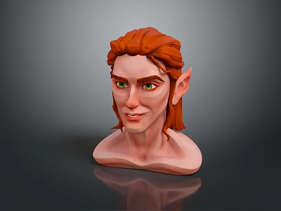 3D Cartoon Style Elf Character Bust Model With Red Hair Green Eyes And Pointed Ears 3d model