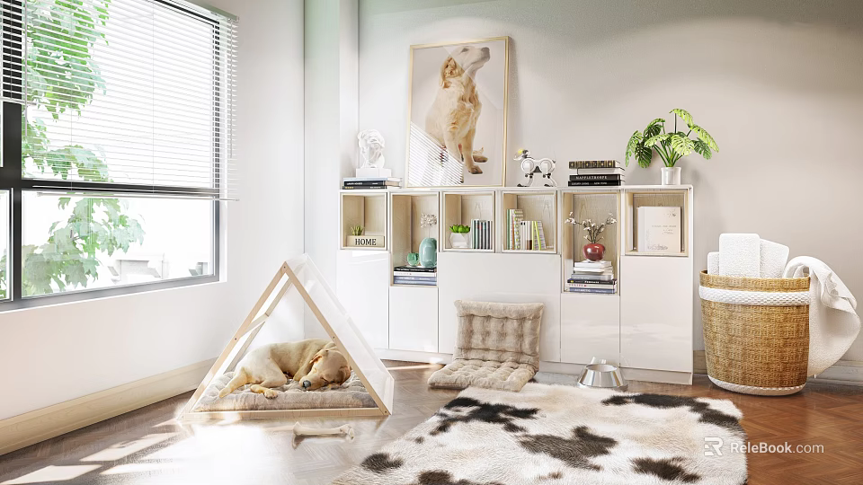 Garden Decor Display With Green Plants White Cabinet Decorative Items Near Window And Cowhide Rug 3d model 