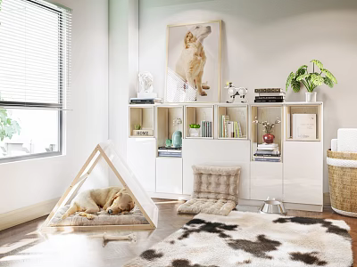 Garden Decor Display With Green Plants White Cabinet Decorative Items Near Window And Cowhide Rug 3d model