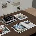 Stacked Books And Magazines On Wooden Table With Open Illustrated Book And Metal Decor