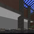 Spacious Hall Interior With Glass Roof High Ceiling Red Brick Walls And Green Plants