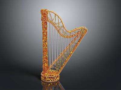 Golden Shiny Harp Musical Instrument With Exquisite Strings And Decorative Crafted Structure 3d model