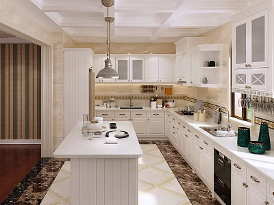 Elegant White Kitchen Interior Design With Island Countertop Pendant Light And Cabinets 3d model