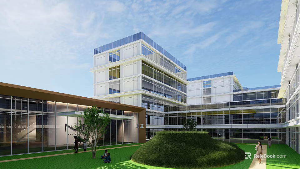 Modern Multi Story Industrial Factory Building With Glass Curtain Walls And Green Courtyard Lawn 3d model 
