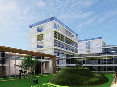 Modern Multi Story Industrial Factory Building With Glass Curtain Walls And Green Courtyard Lawn 3d model
