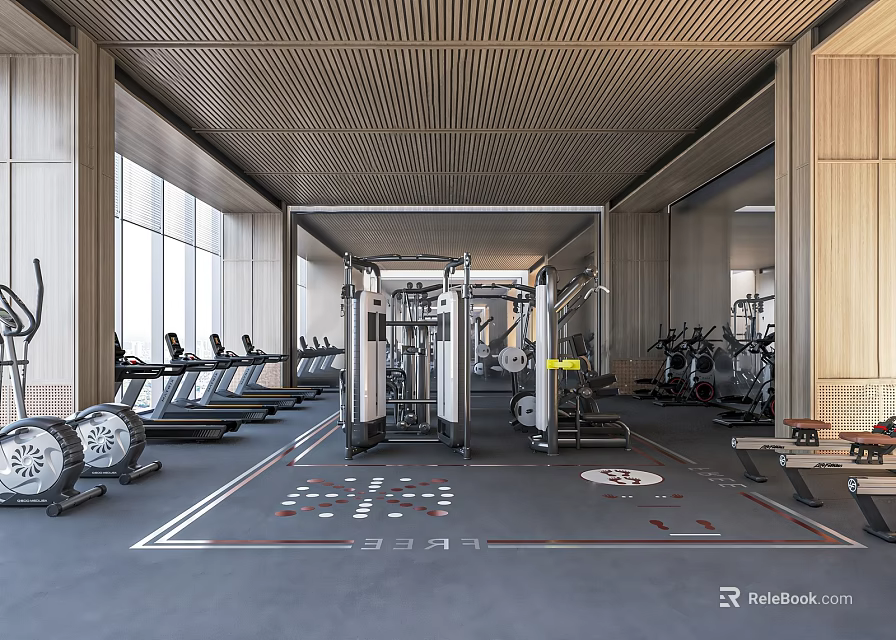 Modern Spacious Gym With Treadmills Multi functional Fitness Equipment Wooden Walls And Floor Markings 3d model 