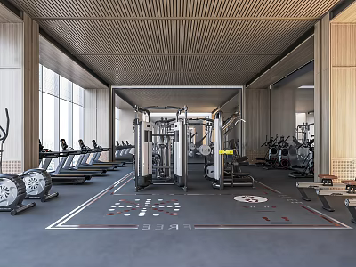 Modern Spacious Gym With Treadmills Multi functional Fitness Equipment Wooden Walls And Floor Markings 3d model