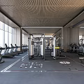 Modern Spacious Gym With Treadmills Multi functional Fitness Equipment Wooden Walls And Floor Markings