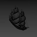 Antique Historical Sailing Ship With Multiple White Sails And Wooden Structure