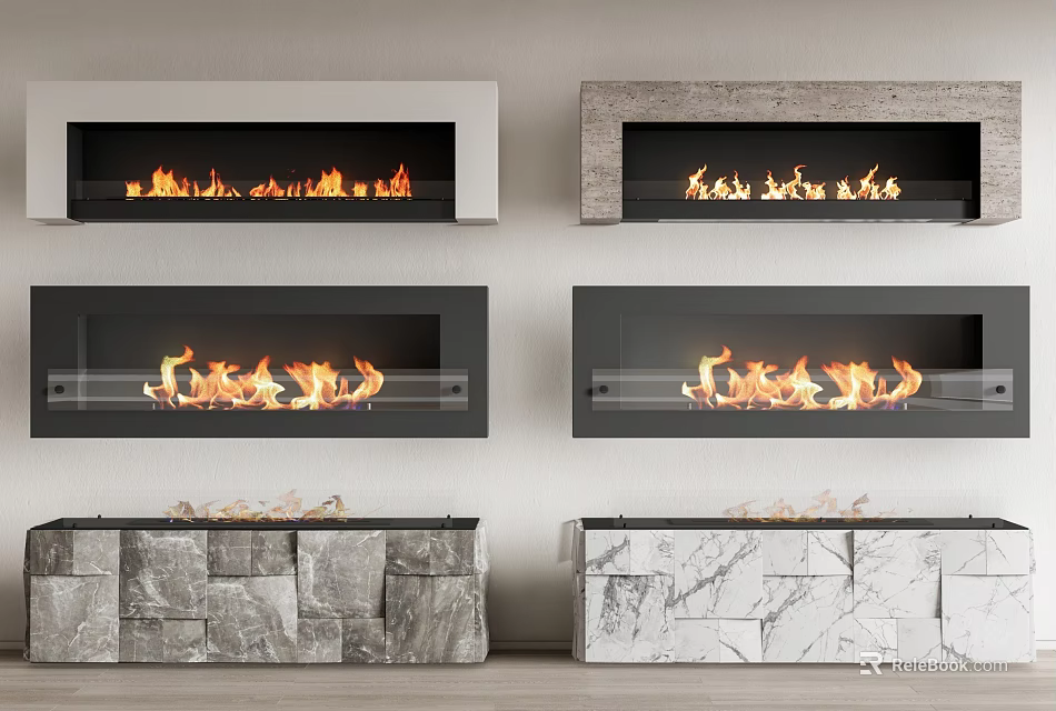 Modern Fireplace Interior Designs With Stone Marble Surrounds And Flames 3d model