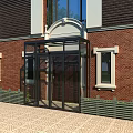 Red Brick Building Entrance With Arched Doorway And Black Glass Porch