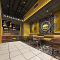 Modern Restaurant Interior With Yellow Geometric Wall Burger Graphic White Tile Floor Tables And Chairs
