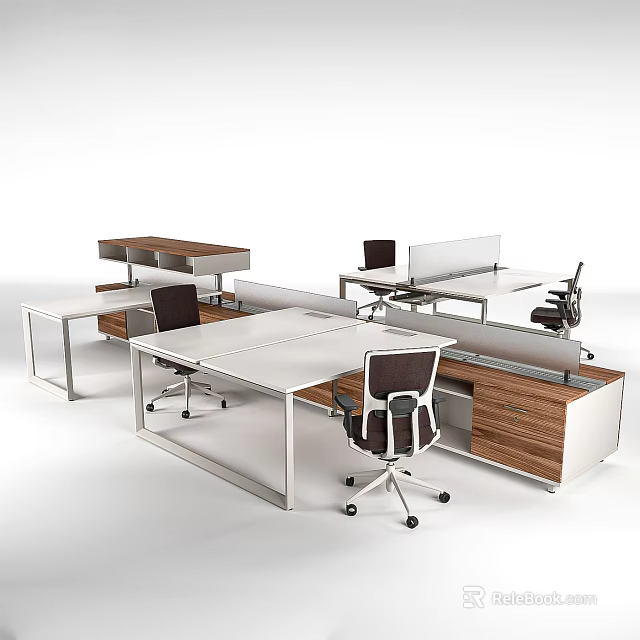 Modern Office Desks With White Tabletop Wooden Cabinets Dividers And Black Chairs 3d model 