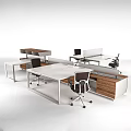 Modern Office Desks With White Tabletop Wooden Cabinets Dividers And Black Chairs