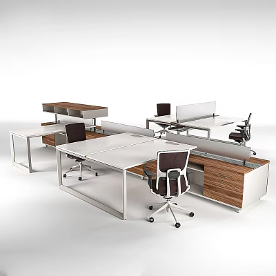 Modern Office Desks With White Tabletop Wooden Cabinets Dividers And Black Chairs 3d model