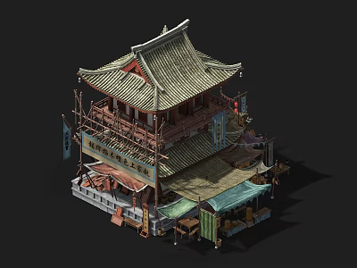 Cartoon Scene of Traditional Chinese Two Story Pavilion With Tiled Roof and Shops 3d model