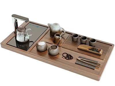 Modern Wooden Tea Set With Teapot Tea Cups Strainer And Wooden Tray 3d model
