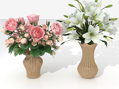 Woven Vases With Pink Roses And White Lilies On White Background 3d model