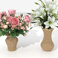 Woven Vases With Pink Roses And White Lilies On White Background