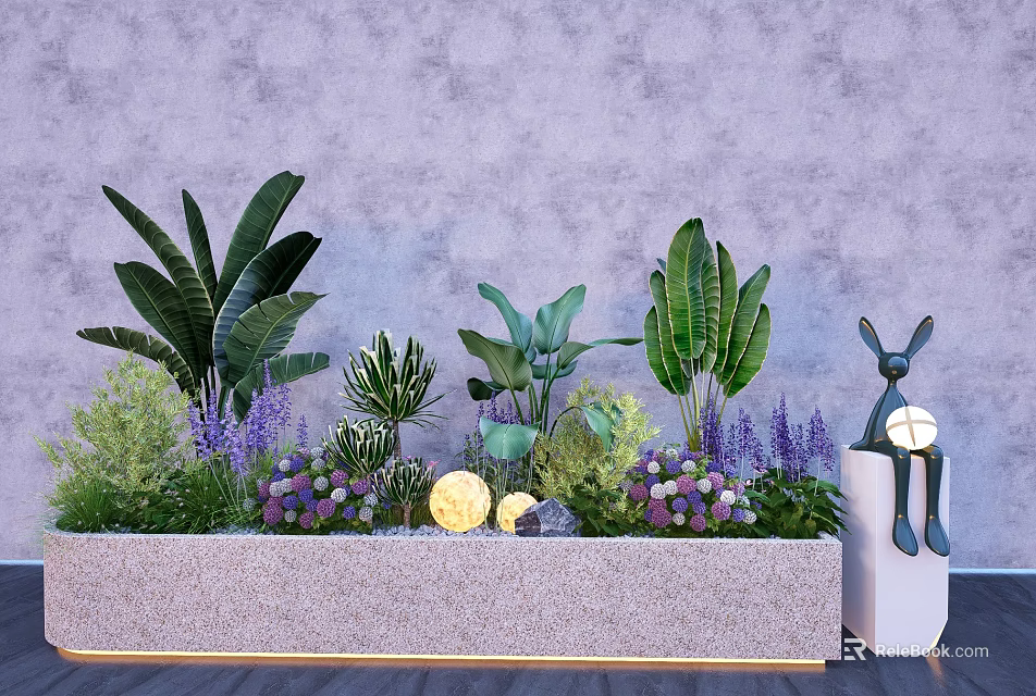 Bonsai Potted Plants With Various Greenery Purple Flowers Yellow Lights And Rabbit Decor 3d model 