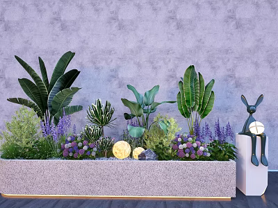 Bonsai Potted Plants With Various Greenery Purple Flowers Yellow Lights And Rabbit Decor 3d model