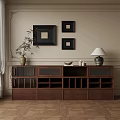 Modern Brown Wooden Sideboard with Drawers Shelves Framed Art Plant Vase and Table Lamp