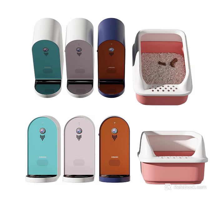 Stylish Household Items Including Automatic Soap Dispensers And Cat Litter Boxes In Various Colors 3d model 