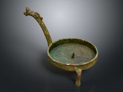 Ancient Bronze Oil Lamp With Long Curved Handle And Three Legs Circular Tray 3d model