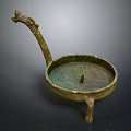 Ancient Bronze Oil Lamp With Long Curved Handle And Three Legs Circular Tray