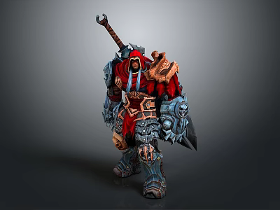 Detailed Fantasy Game Warrior Character in Heavy Armor with Red Cape Holding Axe and Hammer 3d model