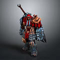 Detailed Fantasy Game Warrior Character in Heavy Armor with Red Cape Holding Axe and Hammer