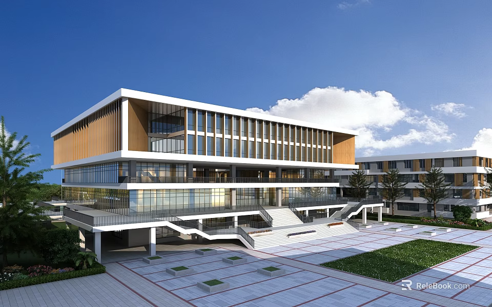 Modern School Building Exterior With Large Glass Windows Open Plaza And Greenery 3d model 