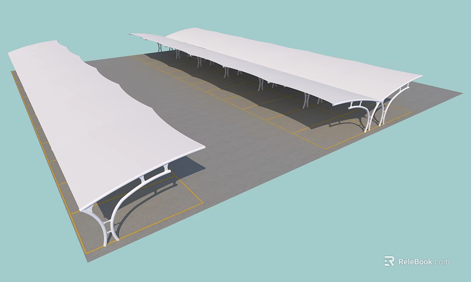 White Modern Shade Canopies Covering Gray Parking Area With Curved Supports 3d model 