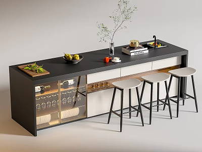 Modern Bar Counter With Glass Door Wine Storage White Bar Stools And Fresh Fruits 3d model