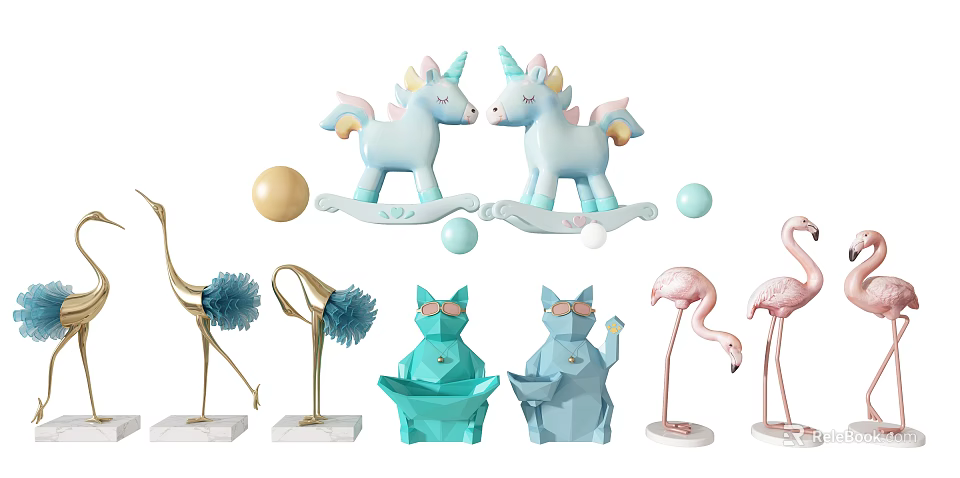 Decorative Ornament Set With Unicorn Rocking Horses Flamingo Figurines Blue Geometric Cat And Ball Decorations 3d model 