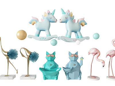 Decorative Ornament Set With Unicorn Rocking Horses Flamingo Figurines Blue Geometric Cat And Ball Decorations 3d model