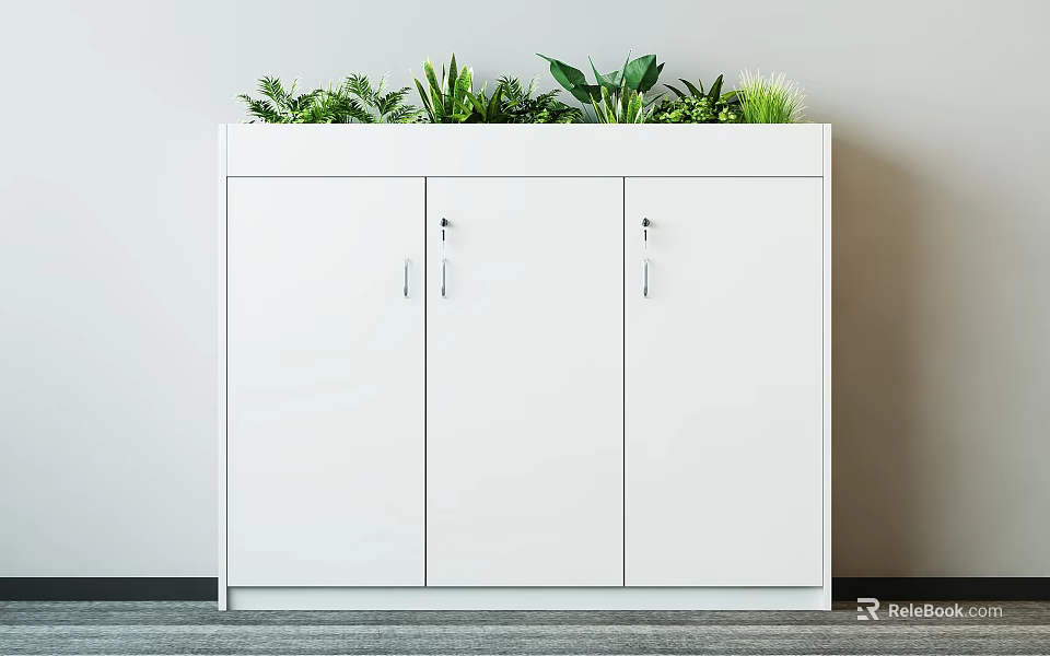 White Three Door File Cabinet with Green Plants on Top in Modern Office 3d model 