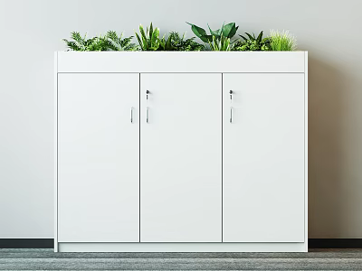 White Three Door File Cabinet with Green Plants on Top in Modern Office 3d model