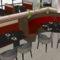 Elegant Restaurant Interior With Booth Seating Round Tables And Decorative Plants 3d model