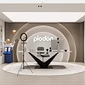 Public Office Space Interior With Plodön Circular Design White Table Black Chair Blue Cabinet Shelves