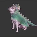 Cute Dog Sitting In Green Dinosaur Costume With Horns And Tail