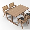 Modern Wooden Rectangular Dining Table Set With Woven Back Chairs And Dark Cushions 3d model