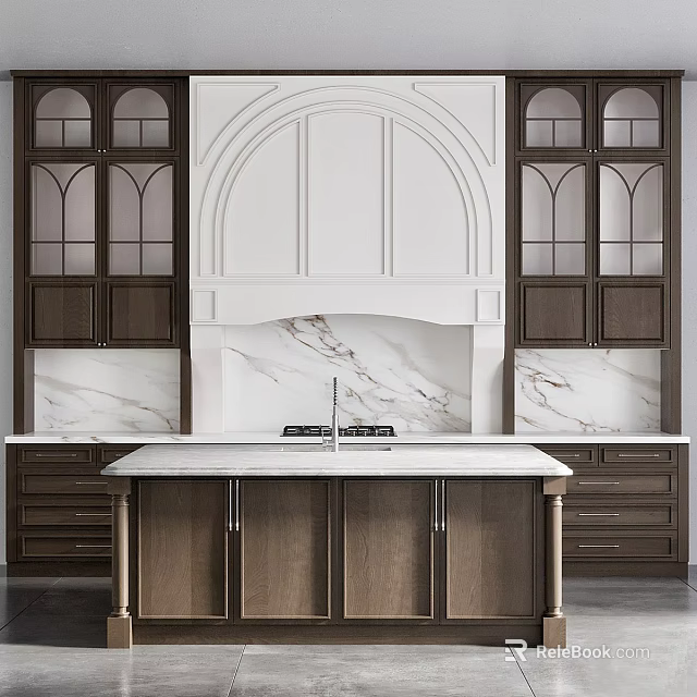 Dark Wood Kitchen Cabinets With Arched Design And Marble Countertop Island 3d model 