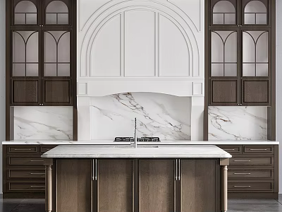 Dark Wood Kitchen Cabinets With Arched Design And Marble Countertop Island 3d model