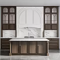 Dark Wood Kitchen Cabinets With Arched Design And Marble Countertop Island