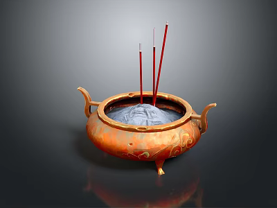 Traditional Orange Incense Burner With Gold Patterns Handles And Red Sticks 3d model