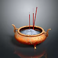 Traditional Orange Incense Burner With Gold Patterns Handles And Red Sticks