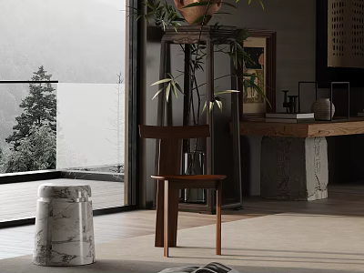 Modern Leisure Chair With Wooden Frame In Indoor Space Featuring Green Plants And Scenic View 3d model